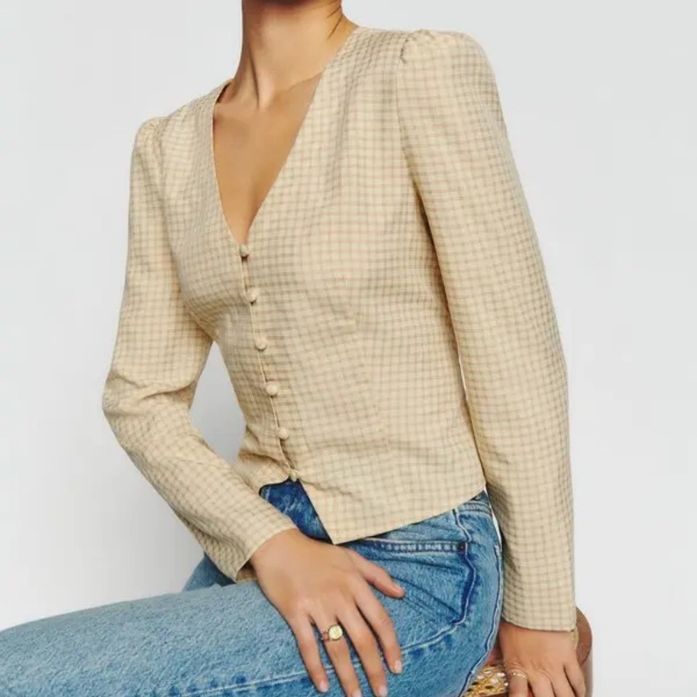 Reformation | Callie Gingham Button Front Tie Back Top in Yellow Plaid | Size 2